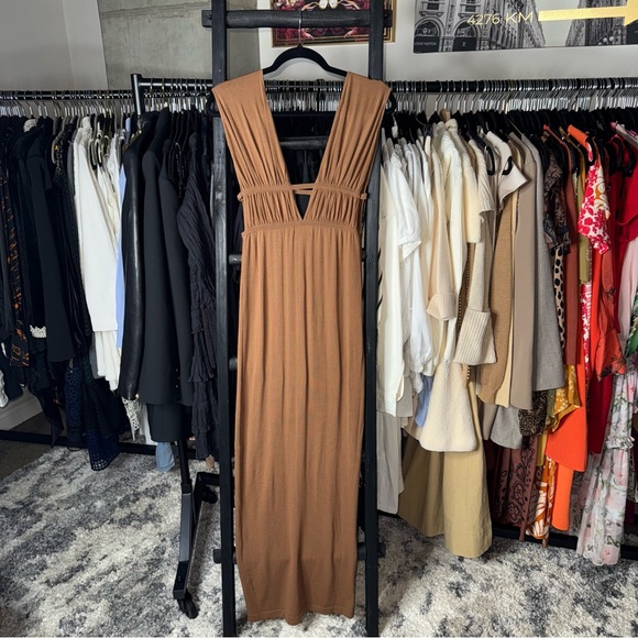 Ronny Kobo Charlie Dress Driftwood Brown Ruched Cutout Jersey Maxi - Picture 9 of 12